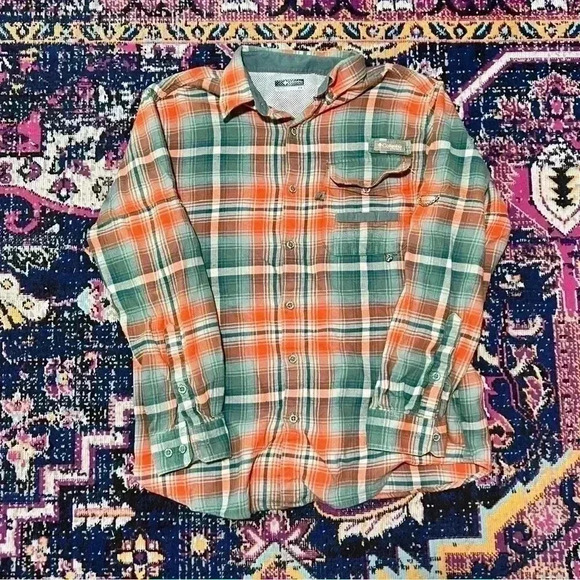 Columbia Mens Button Front Plaid‎ Cotton Flannel Shirt Medium Orange Long Sleeve - Picture 1 of 2